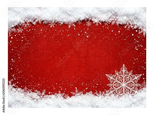 Christmas background with red textured surface and white snow border with snowflakes