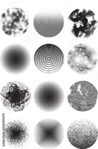 Set of grain texture backgrounds.  Retro ink brush strokes with polka dots and noise gradient. Color halftone point patterns  collection.