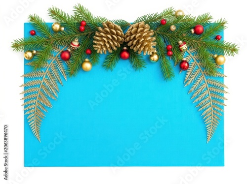 Christmas border with fir branches, golden pine cones, red and gold baubles and golden fern leaves on a blue background