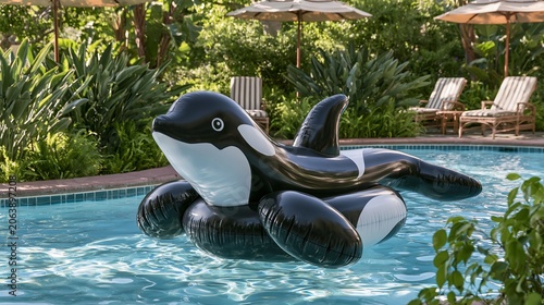 Orca toy floats in a pool. Green plants and shaded chairs surround it.