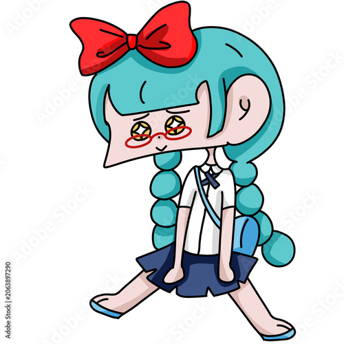 Cute cartoon girl with blue dress and red bow