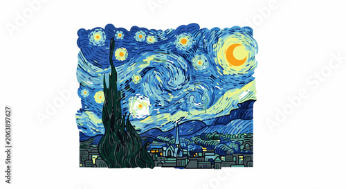 A swirling night sky with stars, a crescent moon, and a silhouette of a village below