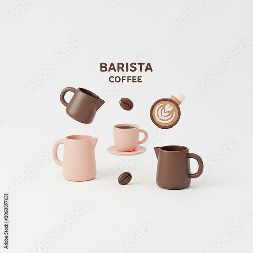 Barista Coffee Utensils and Latte Art on White Background.