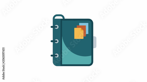 A teal-colored binder with three rings and a handle