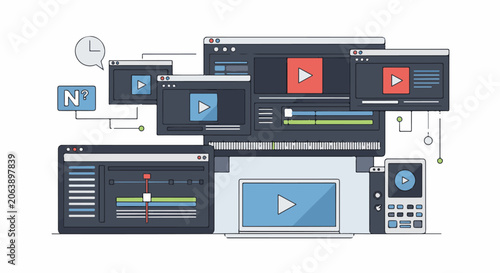 A stylized illustration of various devices and screens displaying play buttons and video interfaces
