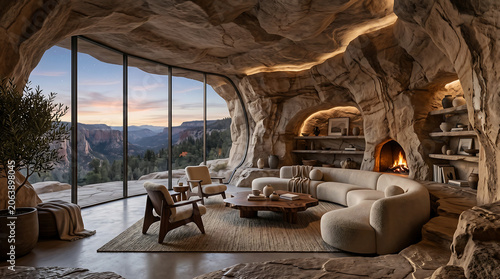 Luxurious modern living room built inside an organic stone cave with a panoramic window view.
