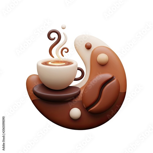 3D Rendered Coffee Cup and Bean Yin Yang Symbol on White Background.