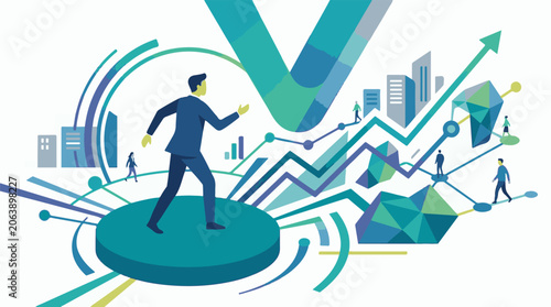 Businessman standing on a green platform surrounded by graphs, charts, and cityscapes