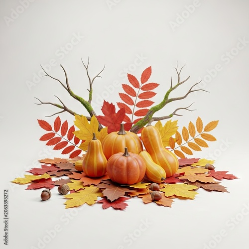 Autumn Harvest Still Life with Pumpkins, Gourds, and Colorful Leaves on White Background.