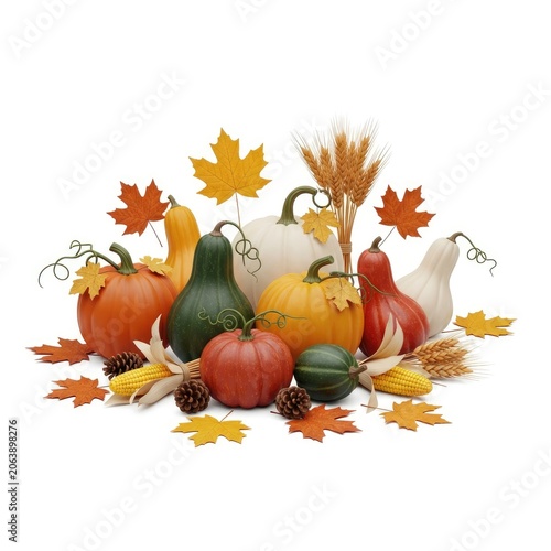 Autumn Harvest Display with Pumpkins, Gourds, and Fall Leaves on White Background.
