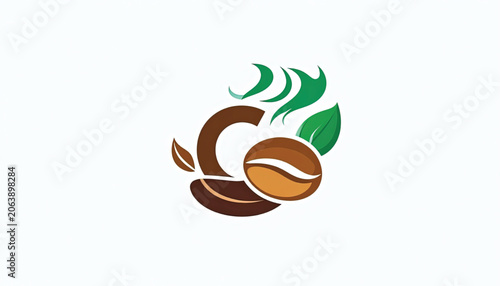 Brown Coffee Bean with Green Leaves.