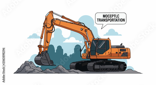 Cartoon orange excavator with long arm and large bucket on rocky ground