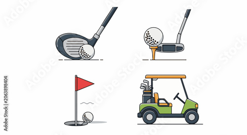 Colorful cartoon golf illustration set with clubs, balls, flag and cart