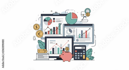 Colorful illustration of financial data on computer screens with piggy bank