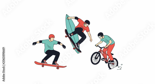 Illustration of three young men performing tricks on skateboard and bicycle