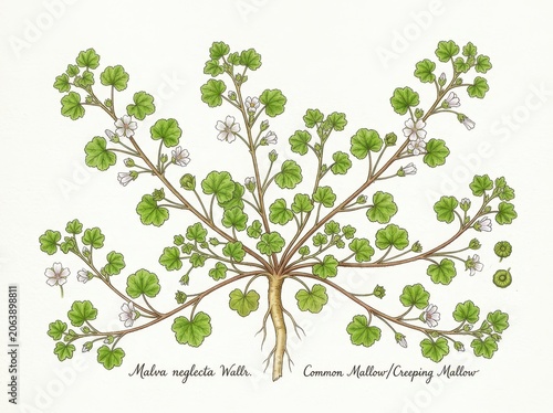Botanical illustration of malva neglecta, common mallow or creeping mallow, isolated on white background