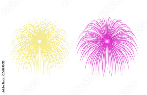 Foto Two vibrant bursts of fireworks, one yellow and one pink, against a white backgr