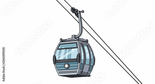 A cable car hovers on cables against a white background
