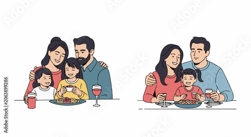 A cartoon illustration of two families with parents and children enjoying a meal