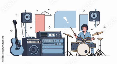 A cartoon man playing drums with musical equipment