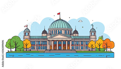 Building with large green dome roof.