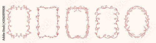 Obraz na plátně Wedding floral coquette hand drawn frames with beautiful flowers, leaves, bow and ribbons in whimsical red lines