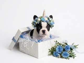 Adorable french bulldog puppy wearing a unicorn horn and flower crown sitting in a gift box isolated on white background