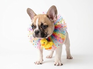 Cute french bulldog puppy wearing a colorful polka dot tulle collar with a yellow rubber duck charm, isolated on white background