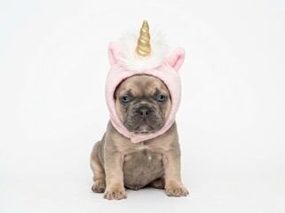 Adorable french bulldog puppy wearing a pink unicorn hat with a gold horn, isolated on white background