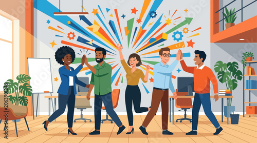 A diverse group of colleagues celebrates a successful project launch with high-fives in an energetic office, adorned with an 'explosion of ideas' wall mural. This flat design embodies triumph and team