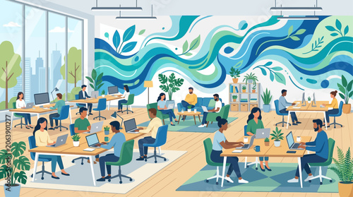 A spacious co-working area features multiple individuals working independently yet connected, against a backdrop of a fluid abstract wall mural. This flat design illustrates modern collaborative work 