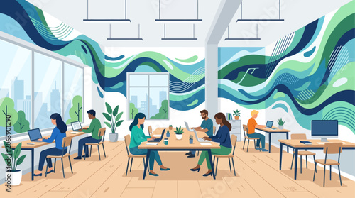 A spacious co-working area features multiple individuals working independently yet connected, against a backdrop of a fluid abstract wall mural. This flat design illustrates modern collaborative work 