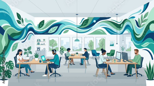 A spacious co-working area features multiple individuals working independently yet connected, against a backdrop of a fluid abstract wall mural. This flat design illustrates modern collaborative work 