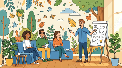 An employee delivers a casual stand-up presentation to a small team in a creative office nook, enhanced by a whimsical, nature-themed wall mural. This flat design conveys informal learning 