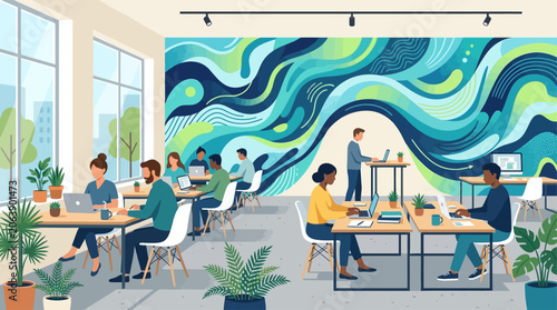 A spacious co-working area features multiple individuals working independently yet connected, against a backdrop of a fluid abstract wall mural. This flat design illustrates modern collaborative work 