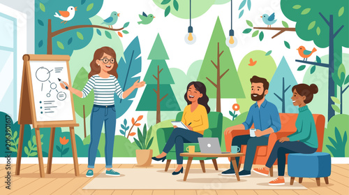 An employee delivers a casual stand-up presentation to a small team in a creative office nook, enhanced by a whimsical, nature-themed wall mural. This flat design conveys informal learning 