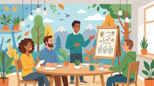 An employee delivers a casual stand-up presentation to a small team in a creative office nook, enhanced by a whimsical, nature-themed wall mural. This flat design conveys informal learning 