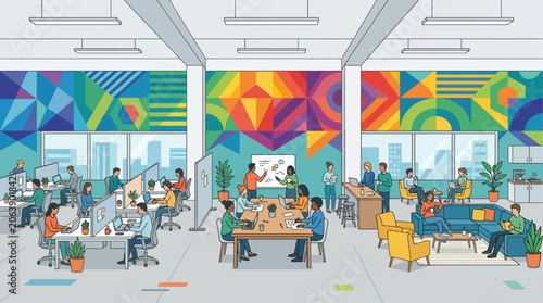 A wide view of an entire office floor reveals diverse activity zones, unified by a vibrant, continuous geometric pattern wall mural. This flat design illustrates a dynamic and modern work environment.