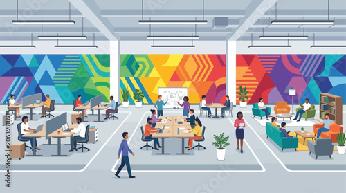 A wide view of an entire office floor reveals diverse activity zones, unified by a vibrant, continuous geometric pattern wall mural. This flat design illustrates a dynamic and modern work environment.