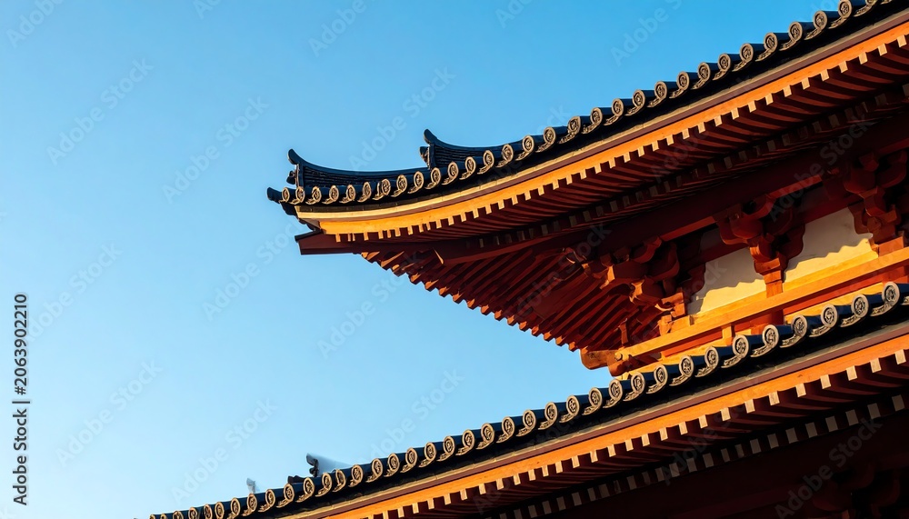 Fototapeta premium Pagoda Eave Detail Minimalist Architectural Style Against Sky