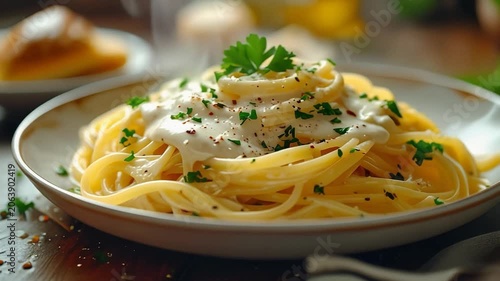 A creamy Italian pasta dish served with rich cheese sauce and fresh parsley, showcasing comforting gourmet cuisine and classic Mediterranean flavors.