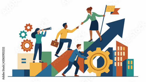 A colorful illustration of four people working together to climb an arrow, surrounded by geometric shapes and cogs
