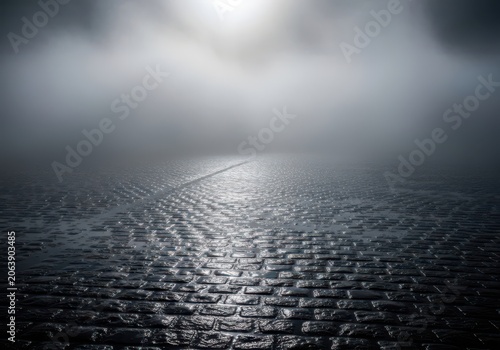 Bright light reflecting on a wet dark cobblestone street at night in the city
