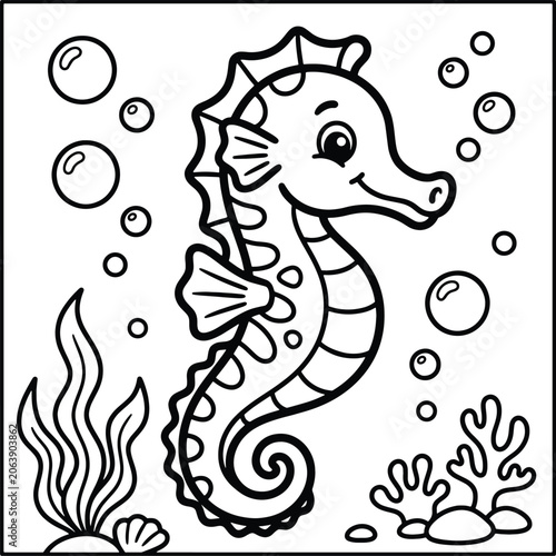 Cute Cartoon Seahorse with Bubbles and Seaweed - Coloring Page Outline, A simple outline drawing of a seahorse for coloring, bold and easy coloring page for kids.