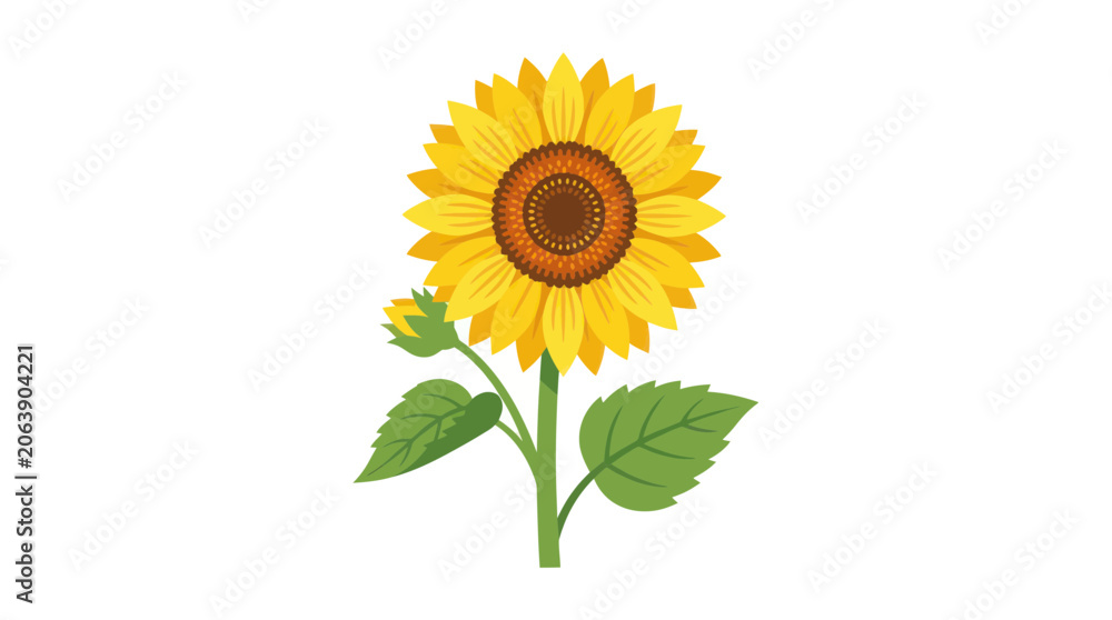 Obraz premium Vibrant Sunflower with Bud and Leaves, Isolated on White Background