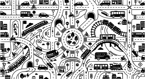 Foto Playful Transportation World Seamless Pattern with Roads Vehicles and Railways V
