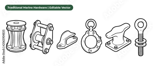 Quadro su tela Marine hardware vector icon set featuring traditional nautical equipment line art of boat cleat, snap shackle, eyebolt, winch drum, and fairlead isolated on white background for maritime design