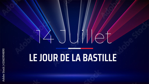 Banner 14 july bastille day in france, poster with french colorful laser light show on dark blue background. Laser france flag. French national holiday. Vector. Translation July 14 Bastille Day