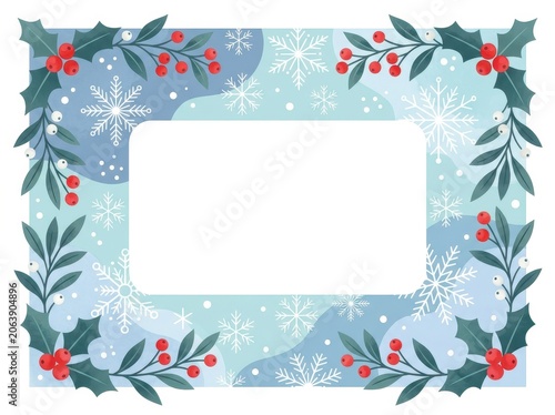 Christmas frame with holly berries and snowflakes on a light blue background