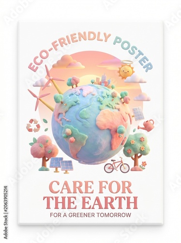 Eco-friendly poster of Earth with animals, trees, bicycle and eco-friendly symbols in a sunny sky